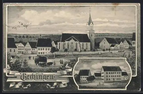 AK Gechingen, Ortsansicht mit Pfarrhaus und Kirche