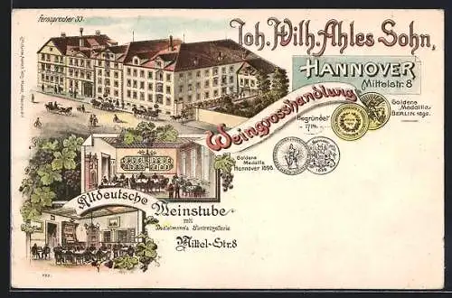 Lithographie Hannover, Gasthaus Altdeutsche Weinstube mit Weingrosshandlung Joh. Wilh. Ahles Sohn, Mittelstrasse 8