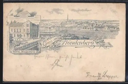 Lithographie Fröndenberg, Hotel Wildschütz, Ortsansicht mit Kirche