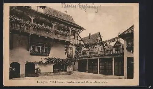 AK Tübingen, Hotel Lamm, Gartenhaus mit Einzel-Autohallen