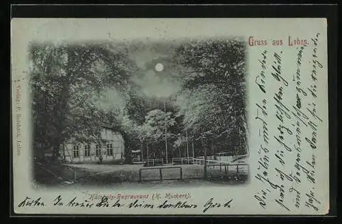 Mondschein-AK Labes, Hainholz-Restaurant, Bes. H. Muckert