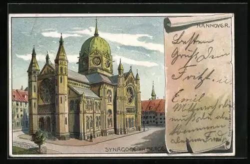 Lithographie Hannover, Synagoge am Berge