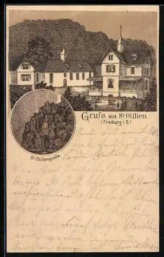 Vorläufer-Lithographie Freiburg i. B., 1895, Restaurant und Waldheiligtum St. Ottilien, St. Ottilienquelle