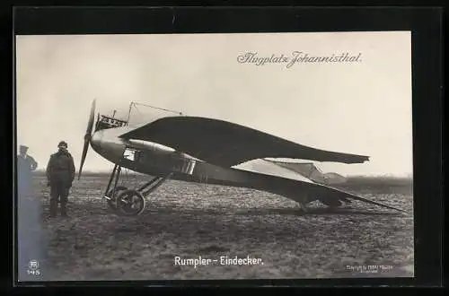 AK Sanke Nr. 145, Rumpler-Eindecker auf dem Flugplatz Johannisthal