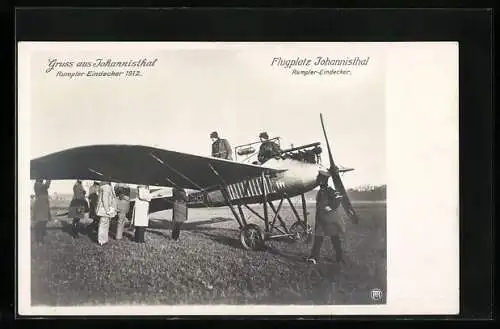 AK Berlin-Johannisthal, Rumpler-Eindecker-Flugzeug auf dem Flugplatz 1912