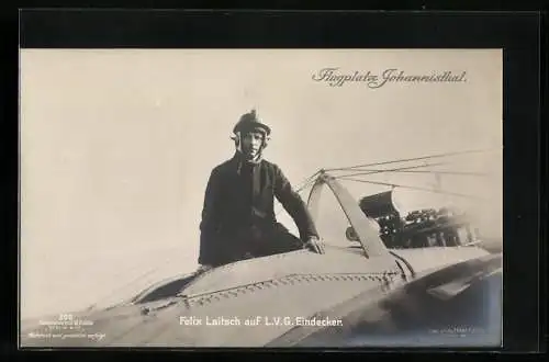 Foto-AK Sanke Nr. 205: Johannisthal, Flugplatz, Felix Laitsch auf LVG Eindecker