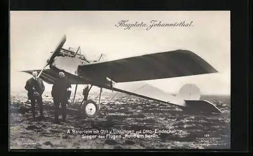 Foto-AK Sanke Nr. 192: Berlin-Johannisthal, Flugplatz, A. Baierlein mit Oblt. v. Linsingen auf Otto-Eindecker