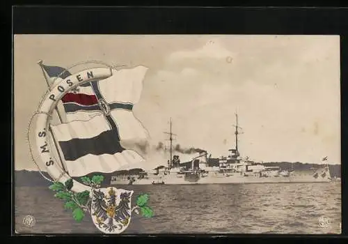AK Kriegsschiff SMS Posen, Reichskriegsflagge und Wappen