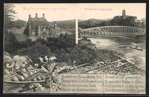 AK Halle /Saale, Burg Giebichenstein im Jahr 1400, Ruine Giebichenstein und Brücke