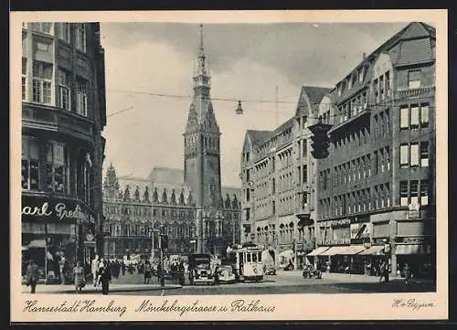 AK Hamburg, Blick in die Mönckebergstrasse mit Rathaus