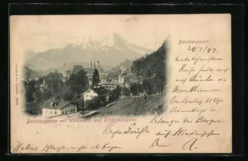AK Berchtesgaden, Ortsansicht mit Watzmann und Schönfeldspitze