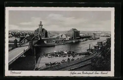 AK Dortmund, Hafen am Dortmund-Ems-Kanal mit Brücke aus der Vogelschau