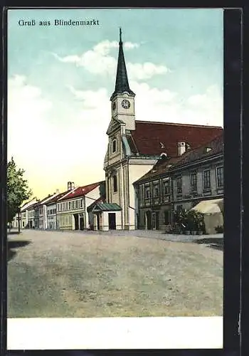 AK Blindenmarkt, Strassenpartie mit Kirche und Geschäftshäusern