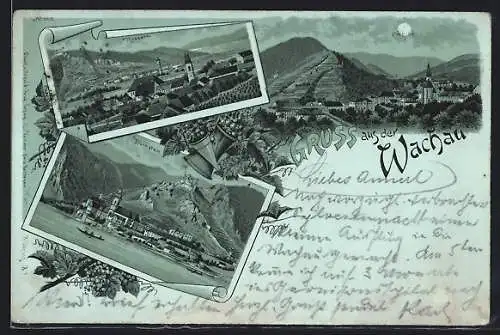 Mondschein-Lithographie Spitz /Wachau, Ortsansicht, Ortsansichten Dürnstein und Rossatz