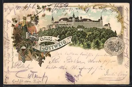 Lithographie Göttweig, Benediktiner-Kloster, Wappen und Sinnspruch, Weinflasche und Reben