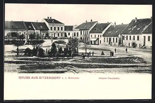 AK Sitzendorf a. d. Schmieda, Unterer Hauptplatz mit Denkmal und Blick auf Häuser