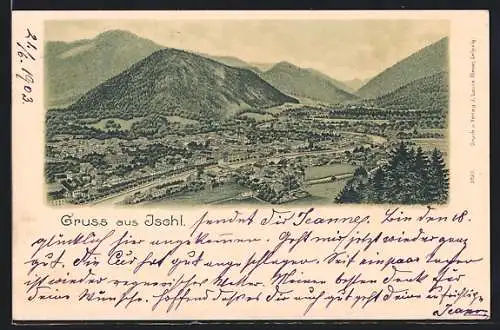 Lithographie Ischl, Ortsansicht mit Brücken und Bergpanorama aus der Vogelschau
