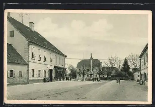 AK Burgau /Steiermark, Platzpartie mit Säulendenkmal