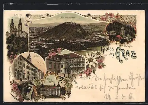 Lithographie Graz, Landhaus, Schloss Eggenberg, Ortsansicht
