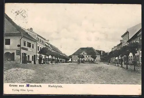 AK Wimsbach, Marktplatz mit Geschäftshaus und Brunnen