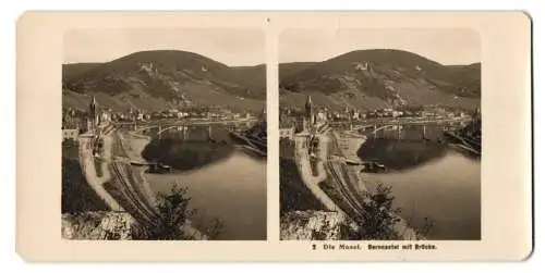 Stereo-Fotografie NPG, Berlin, Ansicht Berncastel, Blick entlang der Mosel nach dem Ort mit Brücke