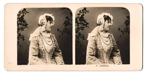 Stereo-Fotografie NPG, Berlin-Steglitz, hübsche junge Frau mit Spitzen-Haube trägt Kleid mit Rüschen
