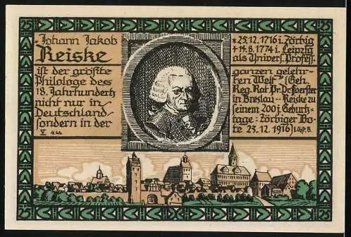 Notgeld Zörbig, 25 Pfennig, Philologe Johann Jakob Reiske mit Stadtansicht