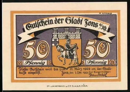 Notgeld Zons 1921, 50 Pfennig, Reiter und Stadtgraben Illustration