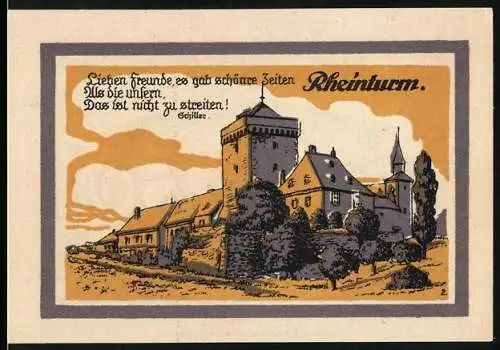 Notgeld Zons, 1921, 50 Pfennig, Rheinturm und Stadttor mit Reiter