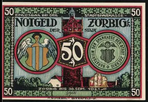Notgeld Zörbig 1921, 50 Pfennig, Stadtwappen und Silhouettenszene