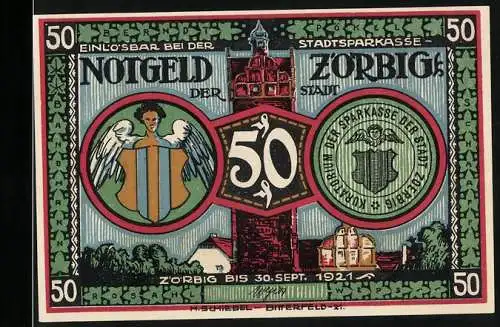 Notgeld Zörbig 1921, 50 Pfennig, Engel und Stadtansicht, humorvolle Illustration Menschen und Tiere