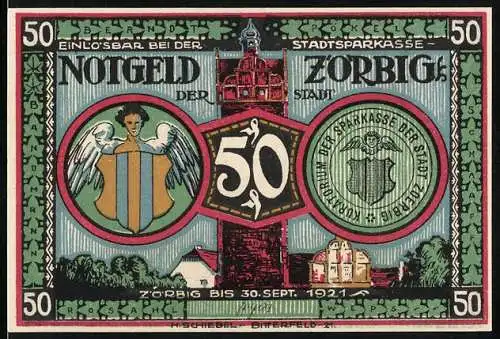 Notgeld Zörbig 1921, 50 Pfennig, mittelalterliches Stadtbild und Silhouette auf Rückseite