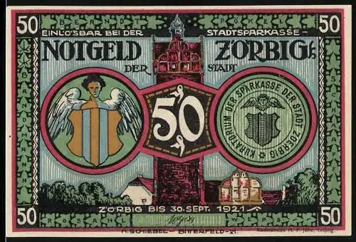 Notgeld Zörbig 1921, 50 Pfennig, Stadtansicht mit Engel und Märchenfiguren im Scherenschnitt