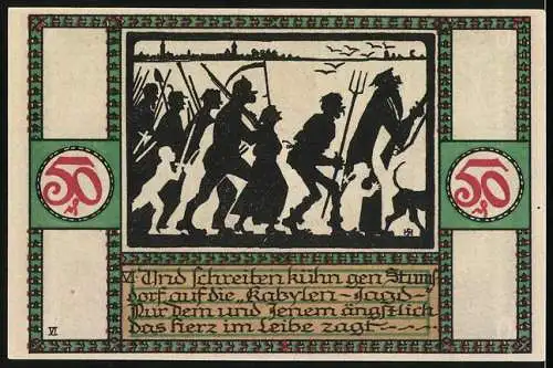 Notgeld Zörbig 1921, 50 Pfennig, Stadtansicht mit Engel und Märchenfiguren im Scherenschnitt