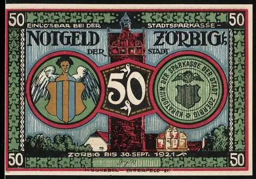 Notgeld Zörbig 1921, 50 Pfennig, Stadtansichten und historische Szene mit Silhouetten und Hunden