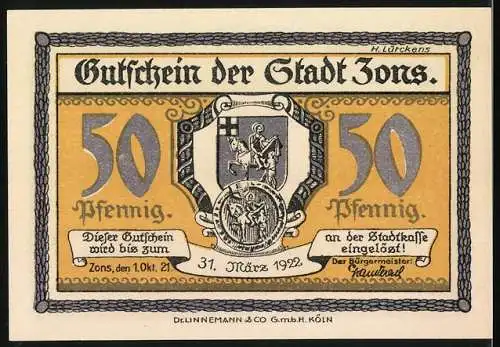 Notgeld Zons, 1921, 50 Pfennig, Historische Stadtansicht mit Pferd und Segelboot sowie Stadtwappen