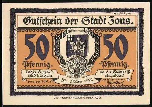 Notgeld Zons, 1921, 50 Pfennig, Stadtansicht um 1400 im Hintergrund
