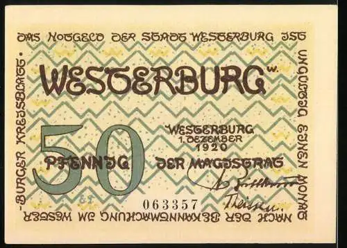 Notgeld Westerburg 1920, 50 Pfennig, Hallenkirche und Wappen mit Burg