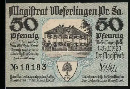 Notgeld Weferlingen Pr Sa, 1920, 50 Pfennig, Gebäude und Baum auf Vorderseite, Burgruine und Wappen auf Rückseite