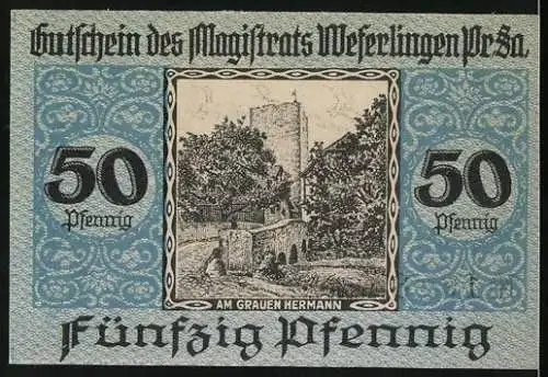 Notgeld Weferlingen Pr Sa, 1920, 50 Pfennig, Gebäude und Baum auf Vorderseite, Burgruine und Wappen auf Rückseite