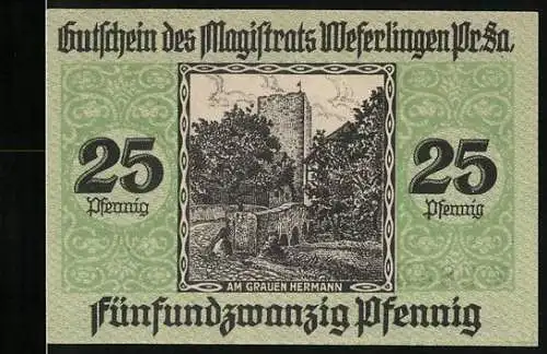 Notgeld Weferlingen 1920, 25 Pfennig, Am Grauen Hermann und Gebäudeansicht