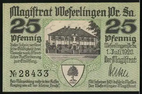 Notgeld Weferlingen 1920, 25 Pfennig, Am Grauen Hermann und Gebäudeansicht