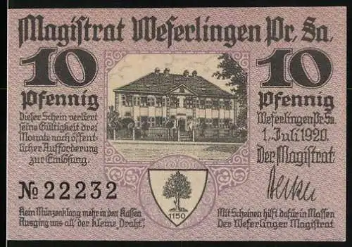 Notgeld Weferlingen 1920, 10 Pfennig, Gebäude und Stadtansicht