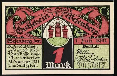 Notgeld Wesenberg, 1921, 1 Mark, Wesenberger Schützengilde und Stadtwappen