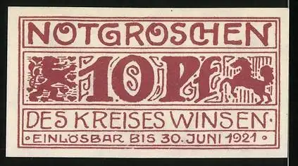 Notgeld Winsen 1921, 10 Pfennig, Kirche zu Egestorf und Löwenmotiv, einlösbar bis 30. Juni 1921