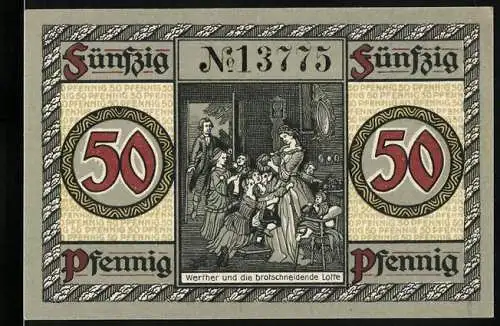Notgeld Wetzlar, 1920, 50 Pfennig, Werther und die brotschneidende Lotte, Lottehaus in Wetzlar