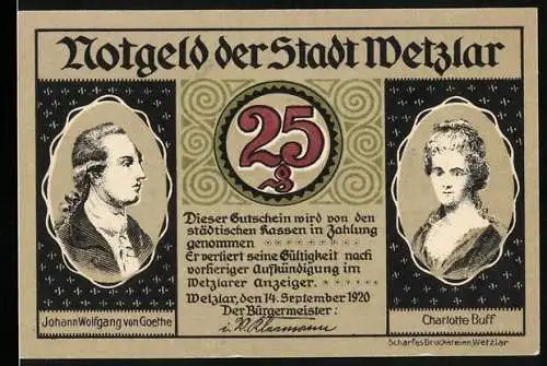 Notgeld Wetzlar 1920, 25 Pfennig, Goethe und Charlotte Buff Porträts, Goethebrunnen Illustration