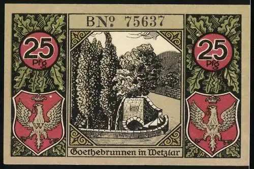 Notgeld Wetzlar 1920, 25 Pfennig, Goethe und Charlotte Buff Porträts, Goethebrunnen Illustration