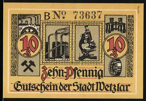 Notgeld Wetzlar, 1920, 10 Pfennig, Gutschein der Stadt Wetzlar mit industriellen Abbildungen und einem Mikroskop