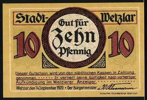 Notgeld Wetzlar, 1920, 10 Pfennig, Gutschein der Stadt Wetzlar mit industriellen Abbildungen und einem Mikroskop